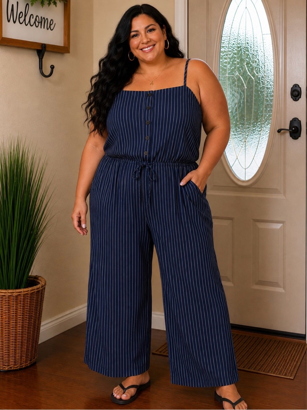 Old Navy Navy Striped Wide-Leg Jumpsuit